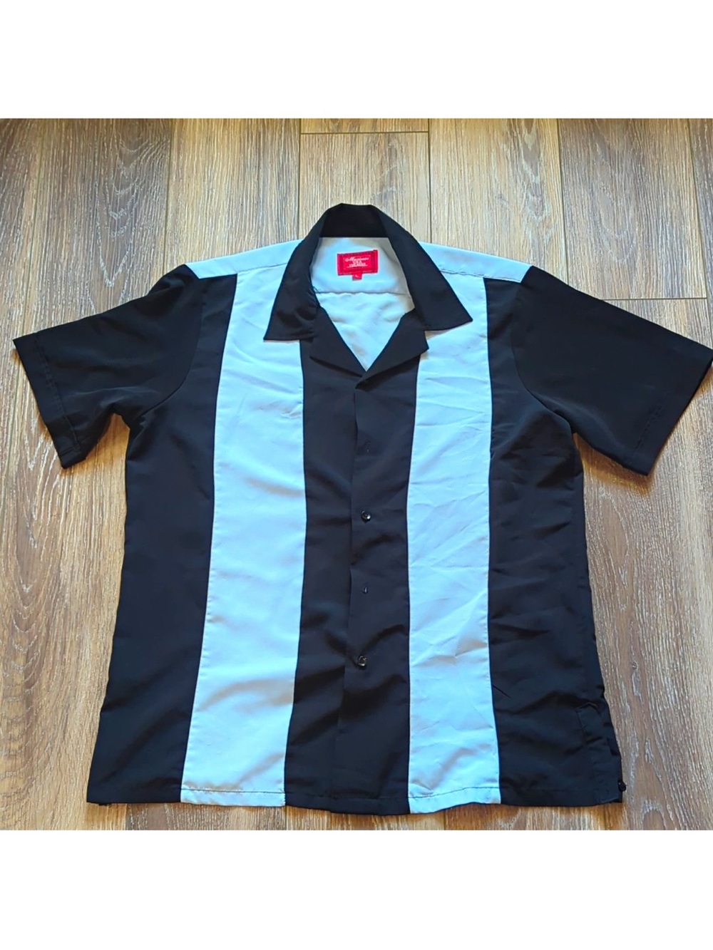 Maximos Men’s Striped Button-Up Shirt Size L Black Blue Short Sleeve Retro Y2K